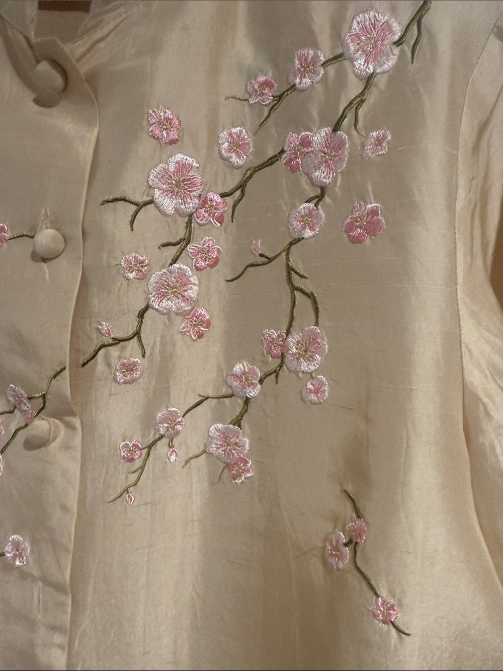 Beige Embroidered Mandarin Button-Down Top silk - Picture 5 of 6